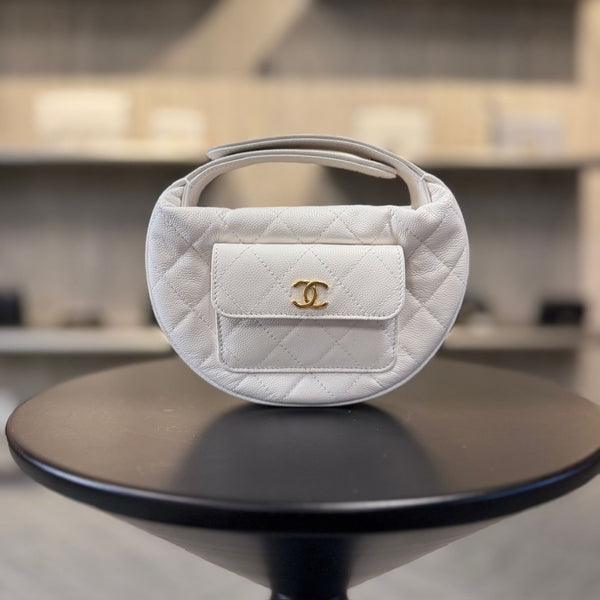 Chanel White Quilted Leather Round Mini Handbag With Gold-Tone CC Logo & Top Handle