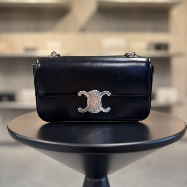 Celine Black Leather Chain Shoulder Bag With Signature Triomphe Logo Clasp